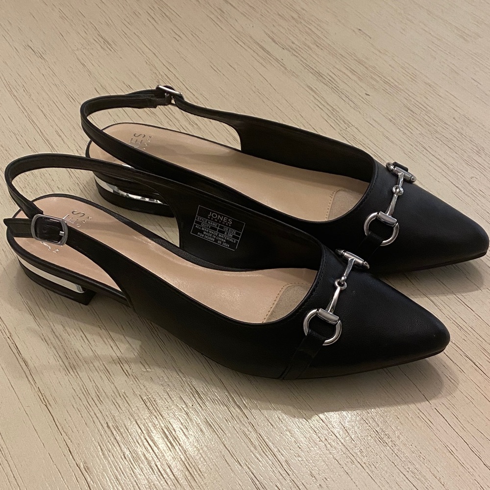 Jones New York Black Pointed Slingback Flats with Silver Bit Detail